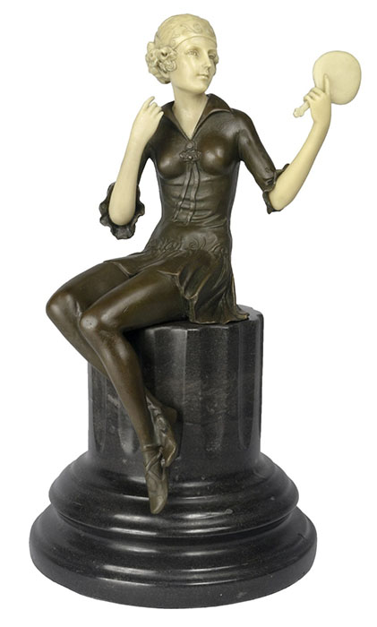 Lady With Mirror Sculpture On Marble Base - Click Image to Close
